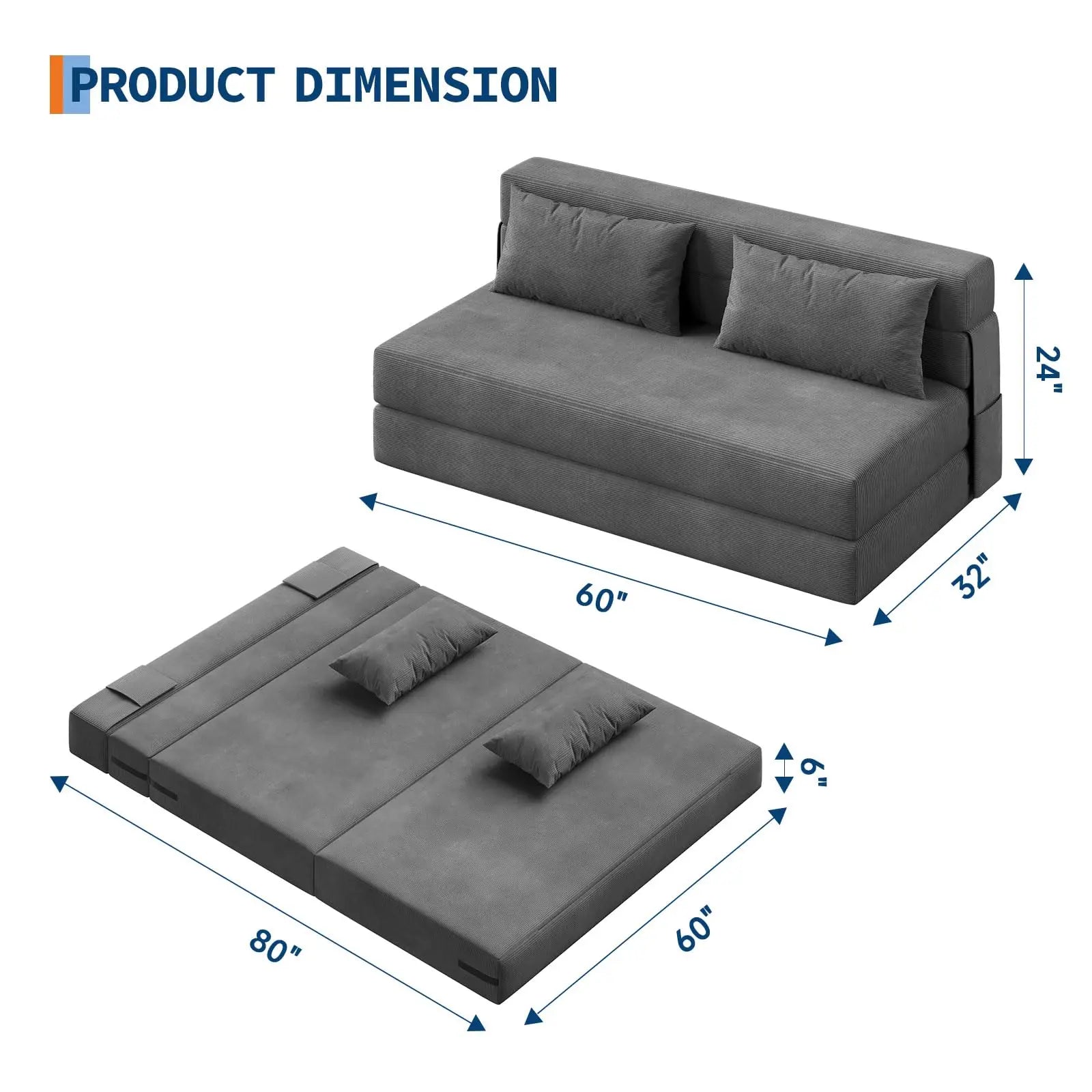 Folding Corduroy Convertible Sofa Bed with Pillows