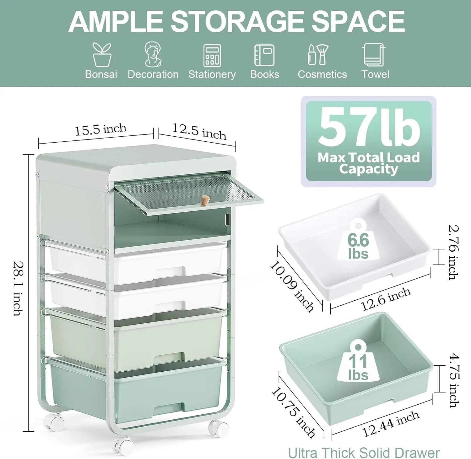 Rolling Storage Cart with 4 Drawers and Dust-Proof Door