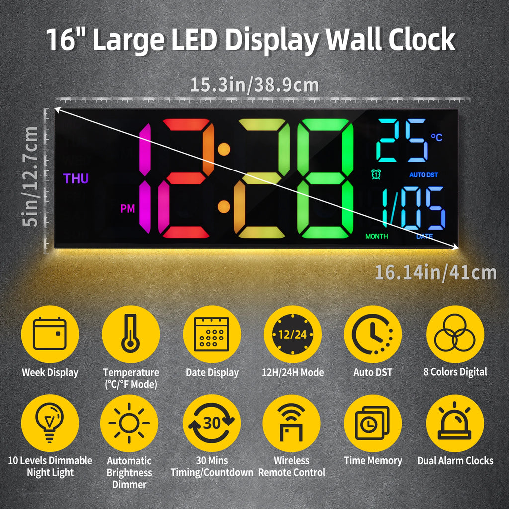 16" Large Digital Wall Clock with Remote