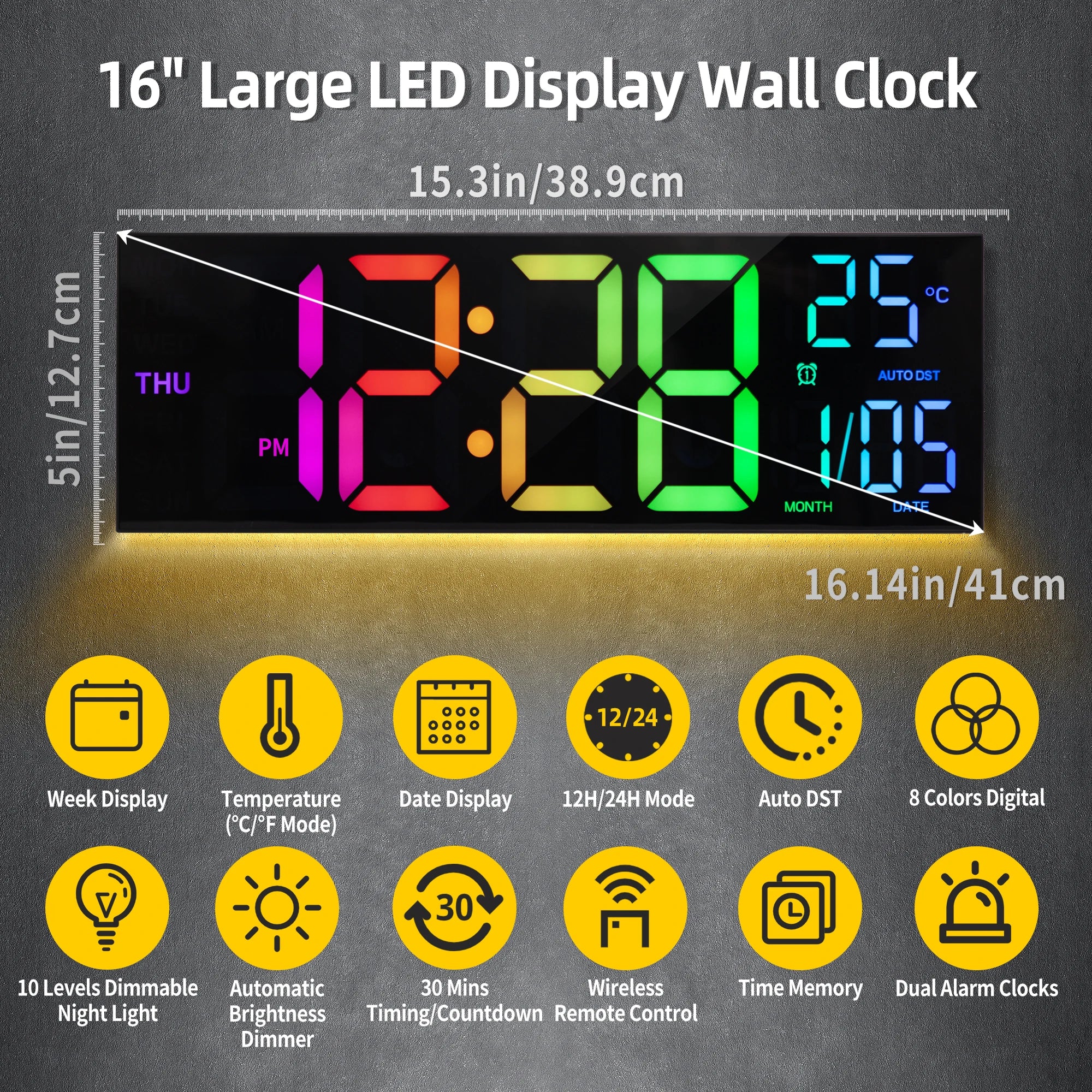 16" Large Digital Wall Clock with Remote