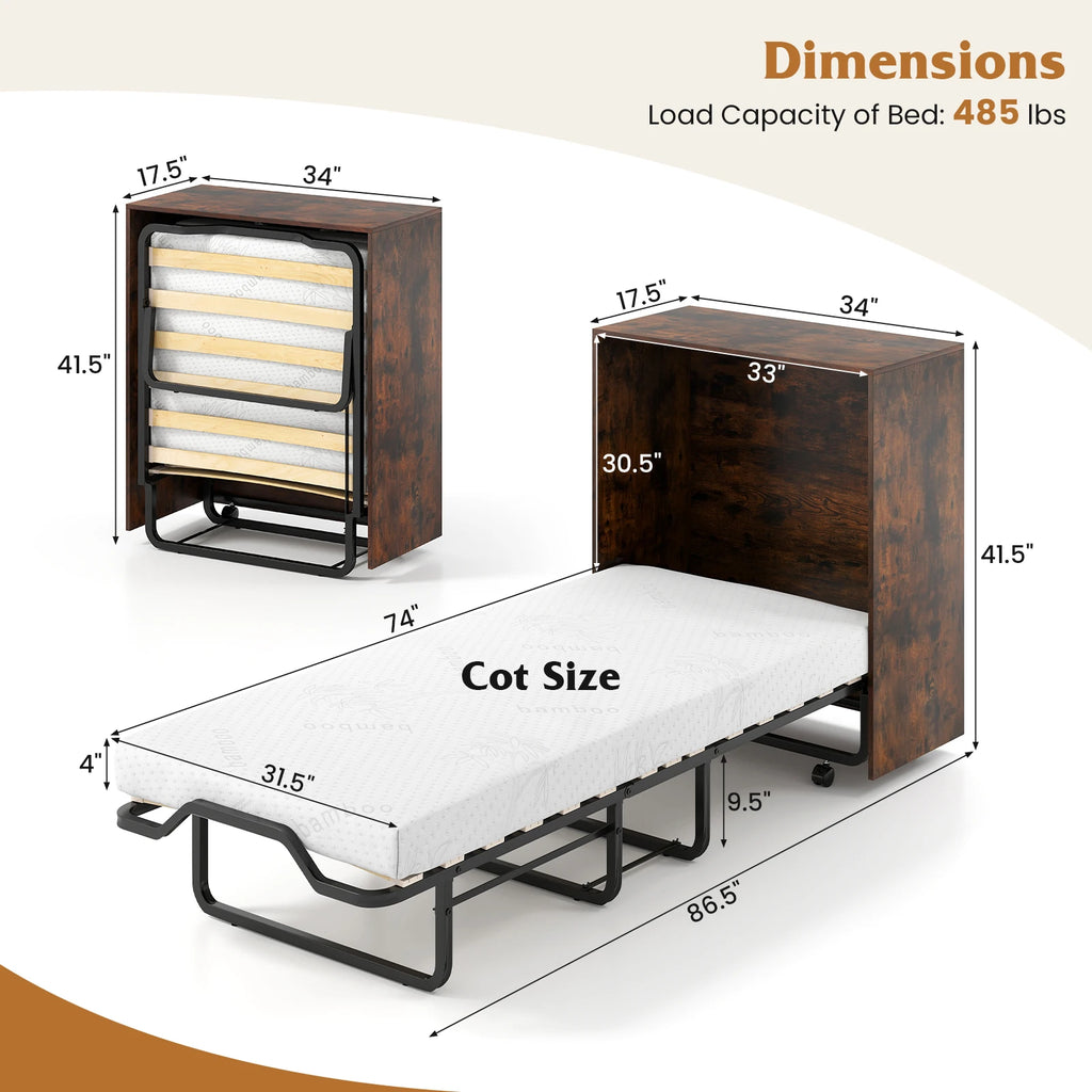 Rolling Cot Size Murphy Bed with Storage