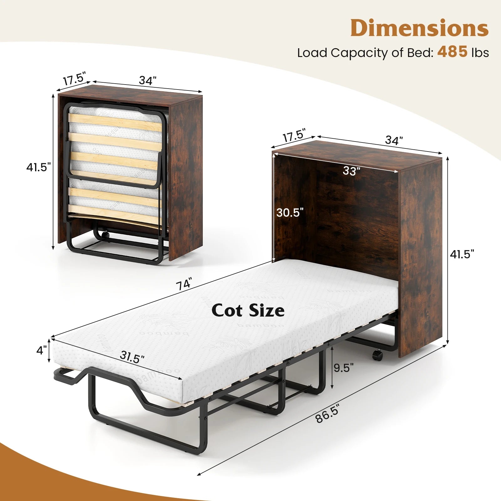 Rolling Cot Size Murphy Bed with Storage