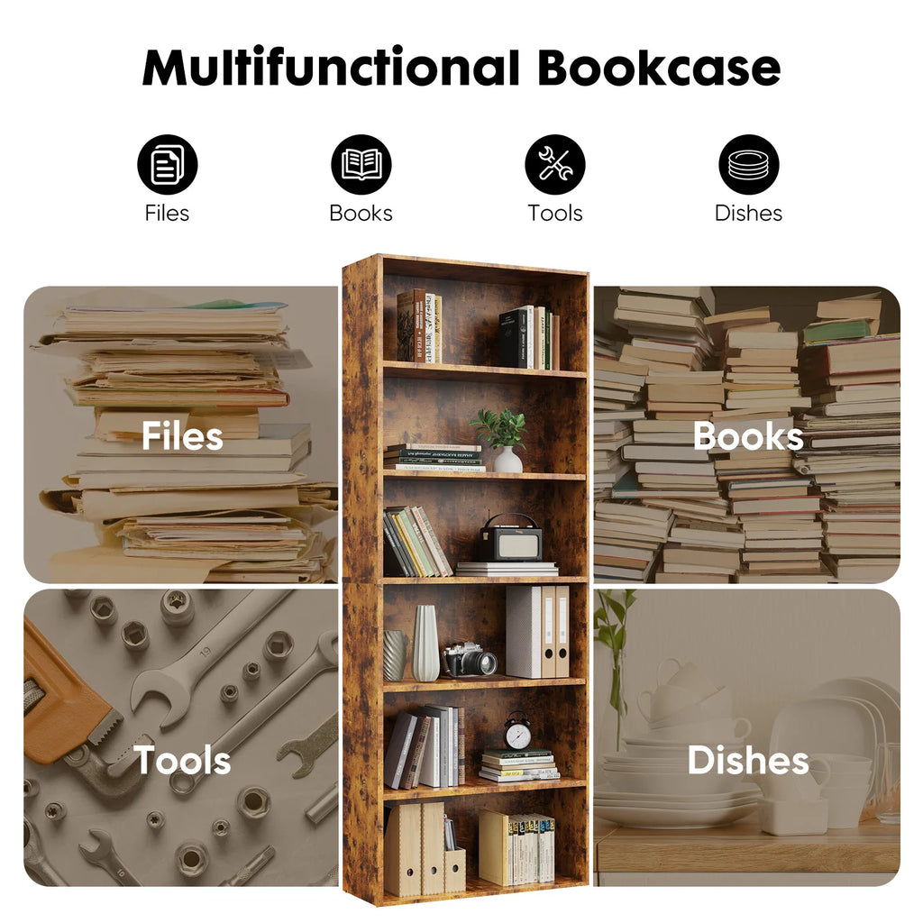 6 Tier Wooden Open Shelf Bookcase