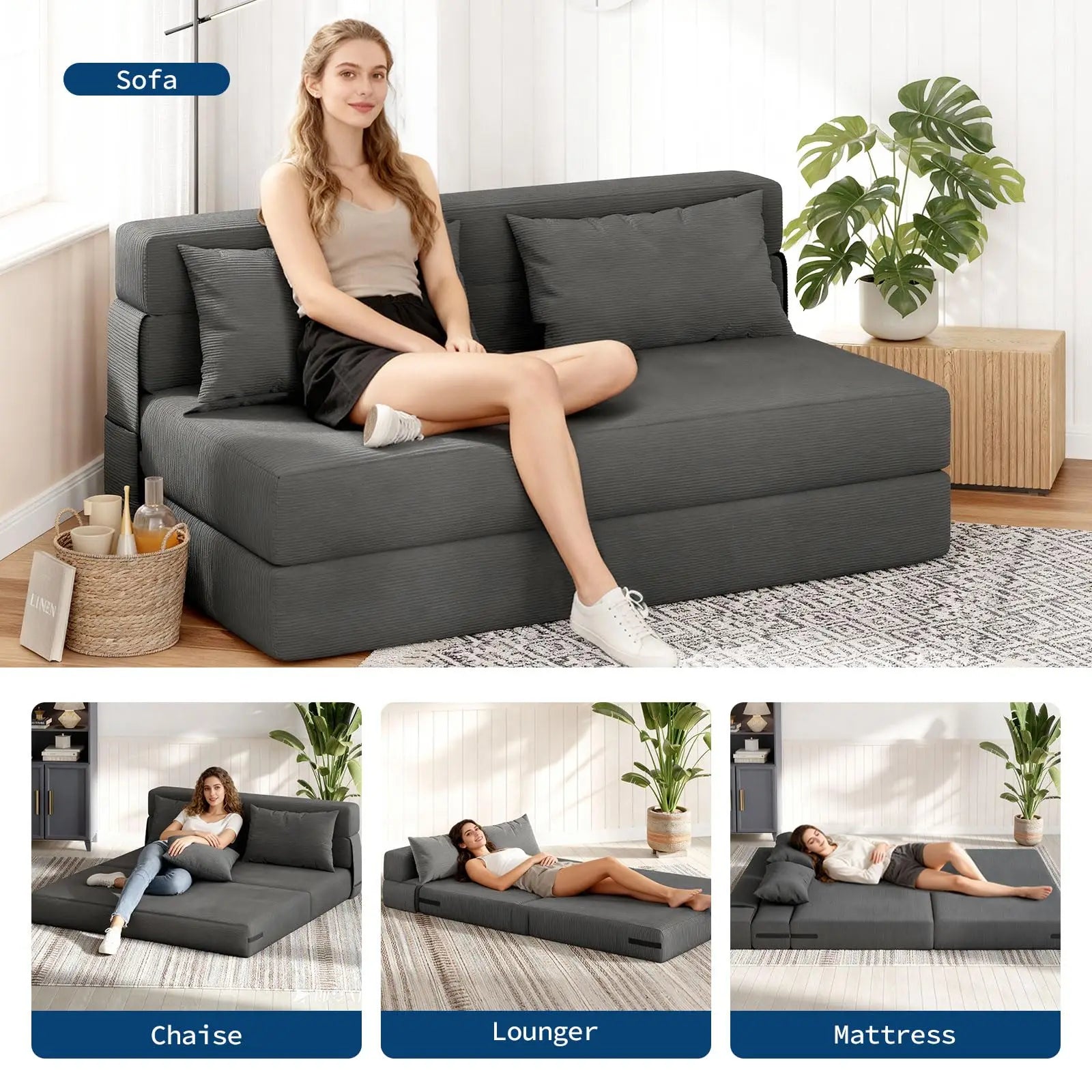Folding Corduroy Convertible Sofa Bed with Pillows