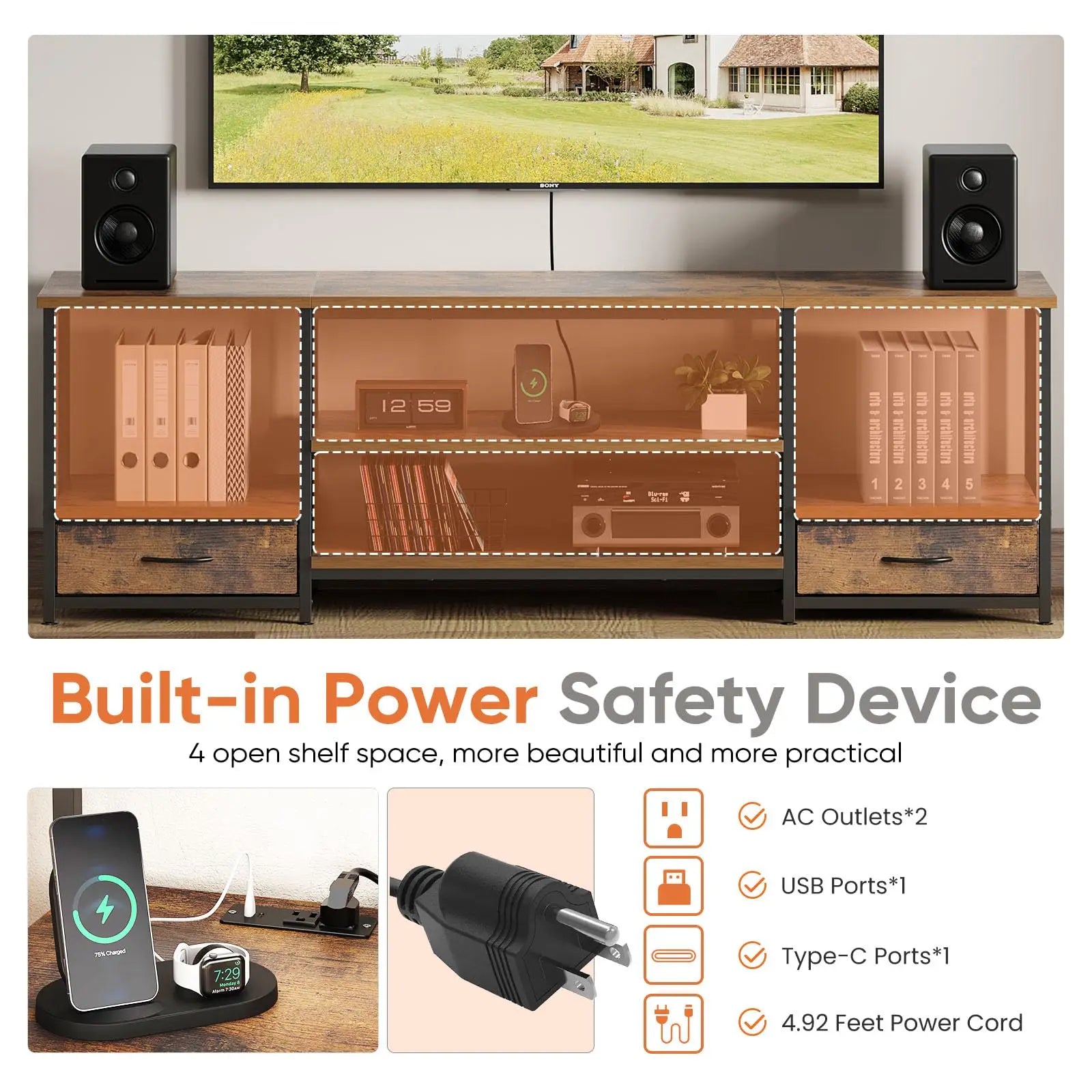 Wooden TV Stand with Shelves and Storage