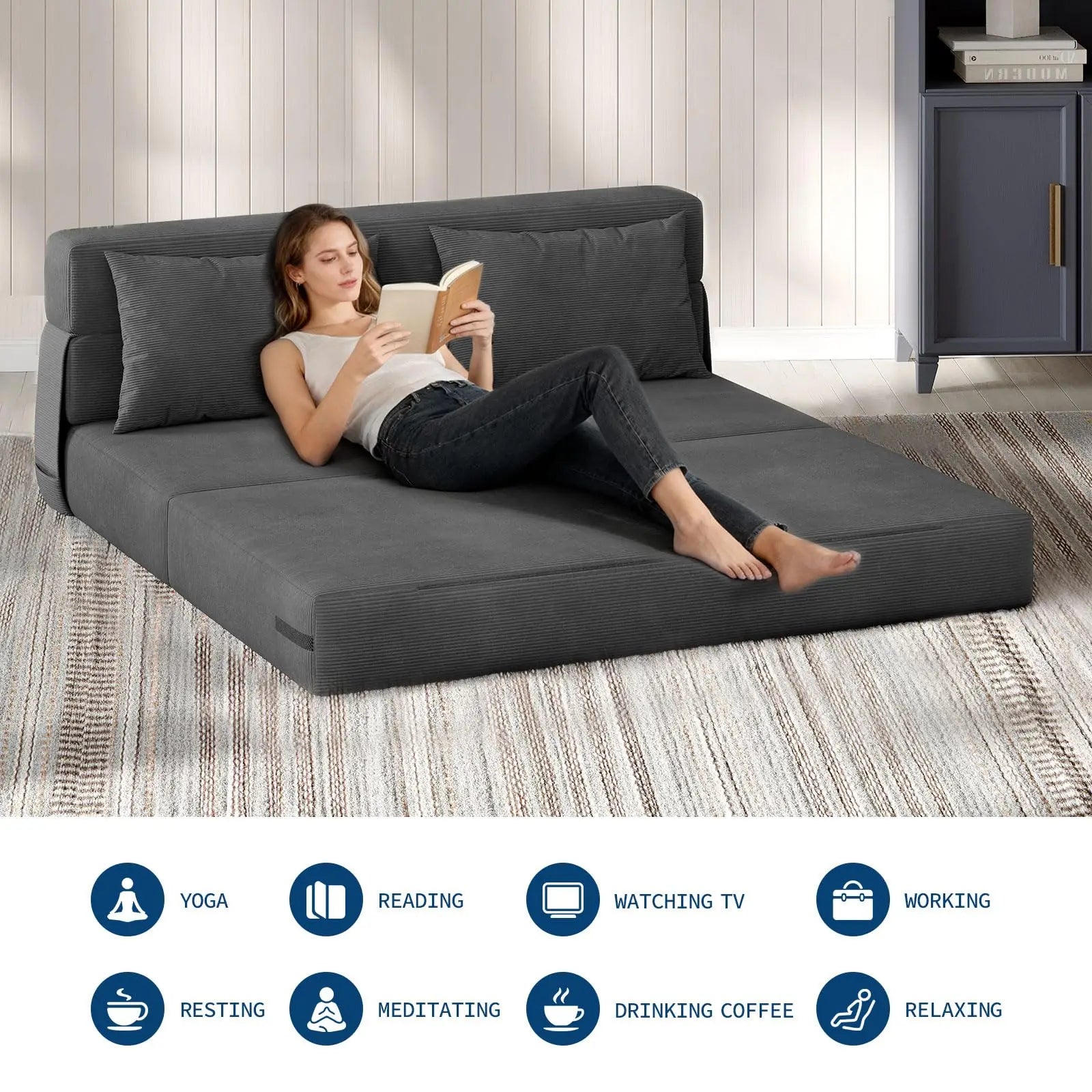 Folding Corduroy Convertible Sofa Bed with Pillows